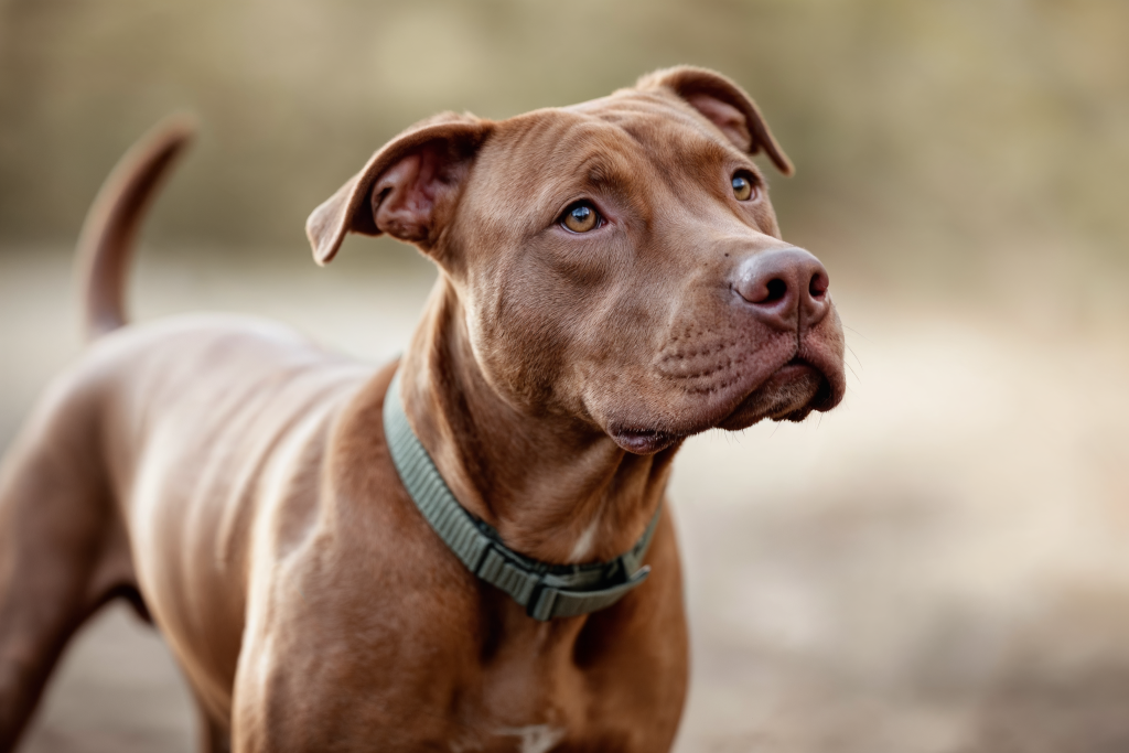 A muscular brown American Pit Bull Terrier wearing a green collar stands outdoors, looking attentively into the distance. The dog's amber eyes and smooth coat are highlighted against a softly blurred natural background.