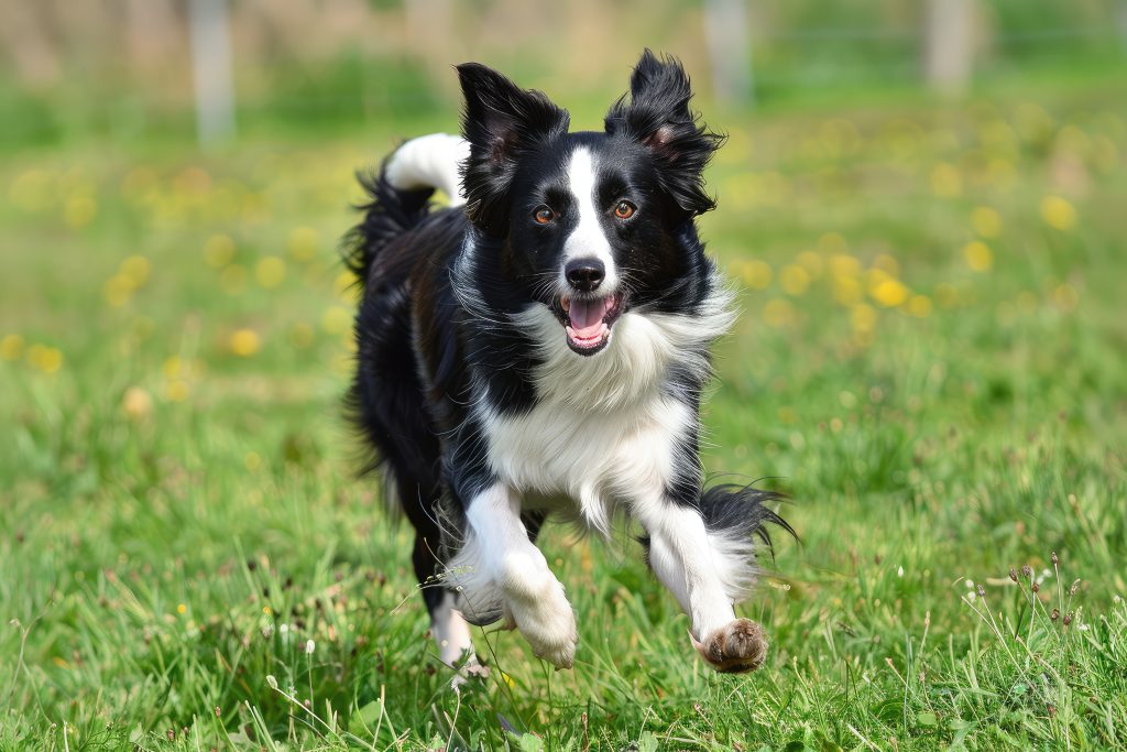 Black-and-white Border Collie running towards the camera across a green grassy field, with ears perked up, mouth open in a happy expression, and a blurred background dotted with yellow wildflowers.
