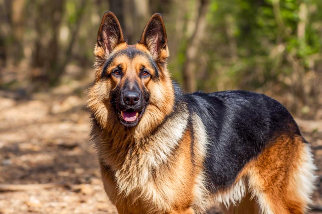 A German Shepherd standing outdoors on a wooded path, looking directly at the camera with its mouth slightly open. The dog has a thick black-and-tan coat, upright ears, and an alert, confident expression, with a softly blurred forest background.