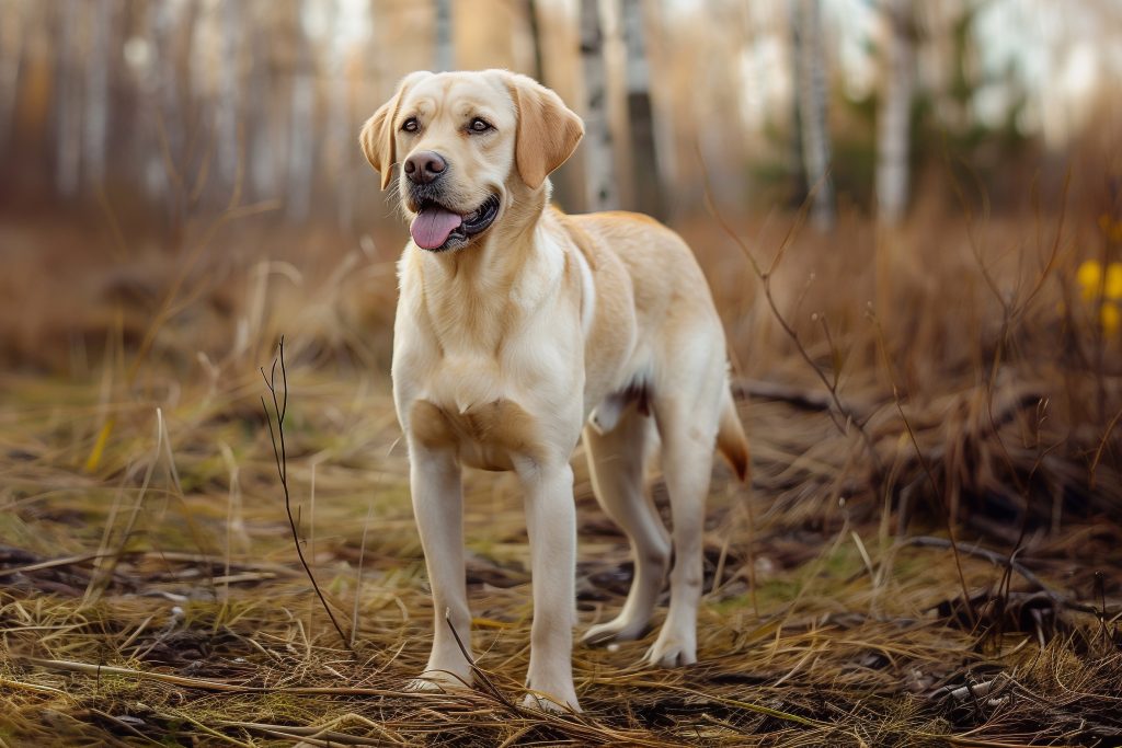 A yellow Labrador Retriever standing in a woodland area with dry grass and blurred trees in the background. The dog is looking ahead with its mouth open and tongue out, appearing alert and friendly.