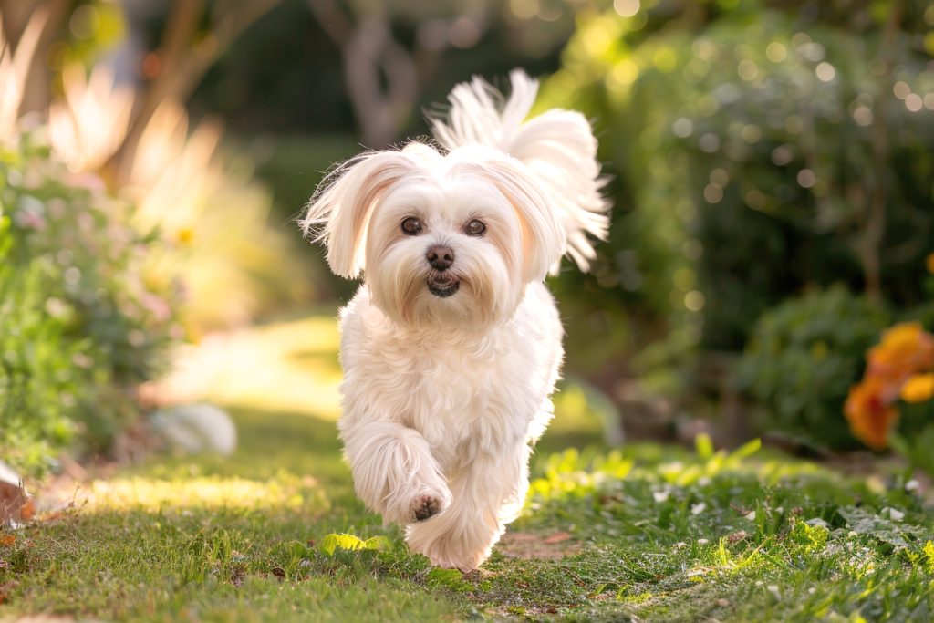 A small white Maltese dog runs toward the camera along a grassy garden path. Its silky coat and fluffy ears bounce as it moves, while warm sunlight and softly blurred flowers and greenery create a bright, cheerful outdoor setting.