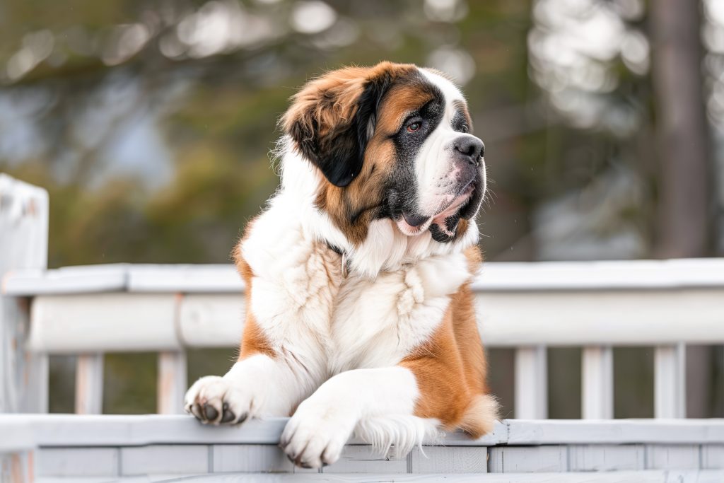 A large Saint Bernard with a thick brown-and-white coat rests its front paws on a white railing, gazing off to the side. The background features softly blurred trees, highlighting the dog's gentle expression and impressive size.