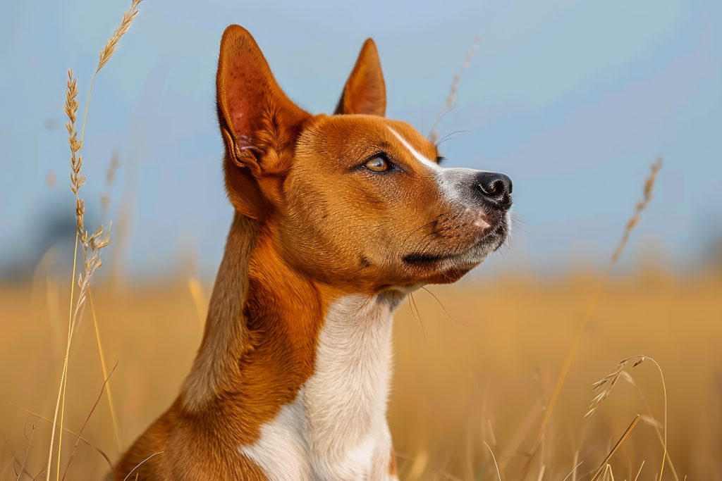 Close-up side profile of a Basenji with a rich red-and-white coat standing in a field of tall, golden grass. The dog’s large upright ears and alert expression are highlighted against a softly blurred blue sky background.