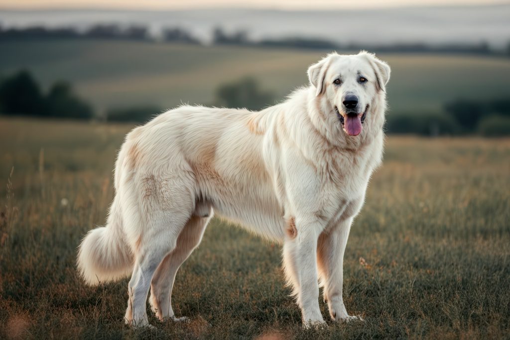 A large white Pyrenean Mountain Dog stands in a grassy field, facing the camera with its mouth open and tongue out. The dog has a thick, fluffy coat, a broad head, and a gentle expression. Rolling countryside and soft-focus fields stretch across the background under warm, natural light.