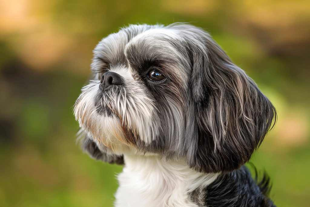 Close-up portrait of a black-and-white Shih Tzu with a neatly groomed coat and expressive dark eyes. The small dog is looking attentively to the side, showing its characteristic short muzzle, rounded face, and silky ears. The background is softly blurred with green and golden tones, creating a warm outdoor setting.