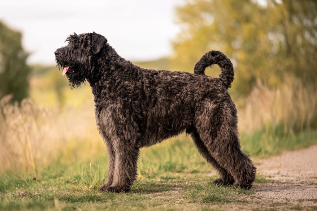 Black Bouvier des Flandres standing in profile on a grassy path with its tongue slightly out, showcasing its dense, wavy coat, sturdy build, and naturally curled tail against a softly blurred countryside background.