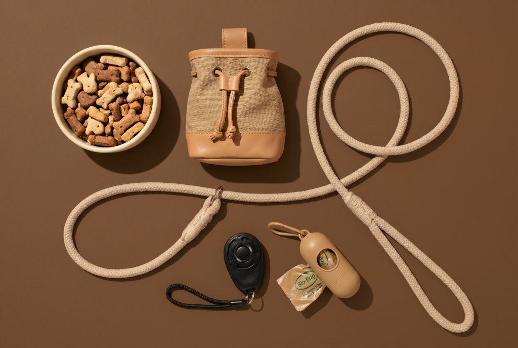 Top-down flat lay of dog training essentials, including a rope slip lead, treat pouch, bowl of dog treats, clicker, and waste bag dispenser, neatly arranged on a warm brown background with ample copy space.