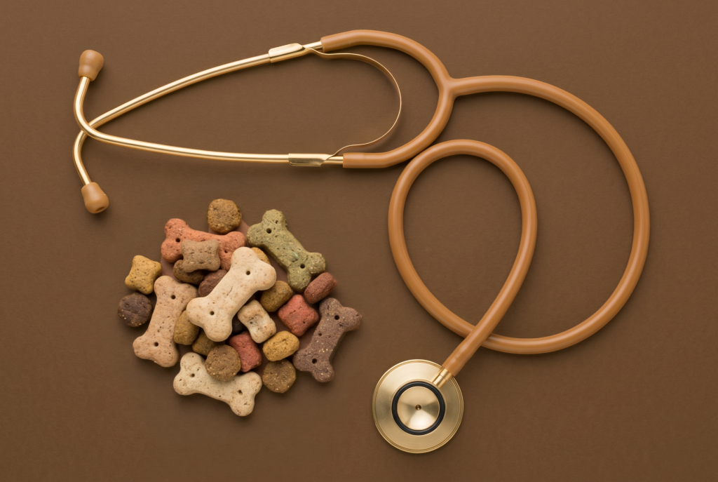 Top-down flat lay of a veterinary stethoscope and an assortment of bone-shaped dog treats arranged on a warm brown background with ample copy space.