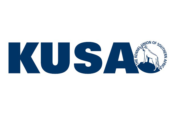 KUSA logo in dark blue featuring the bold letters "KUSA", with the final letter "A" incorporating The Kennel Union of Southern Africa circular emblem showing a standing dog inside the logo on a white background.