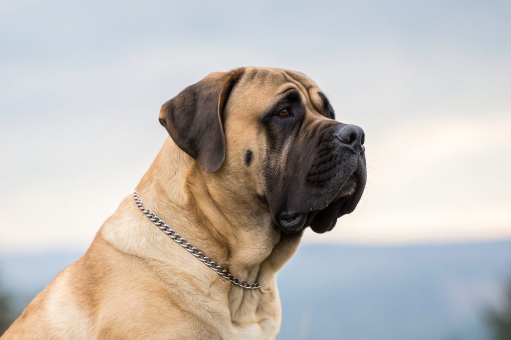 Fawn-coloured Mastiff with a black mask and dark ears sitting in profile, wearing a silver chain collar and looking attentively into the distance against a softly blurred blue and grey sky background.