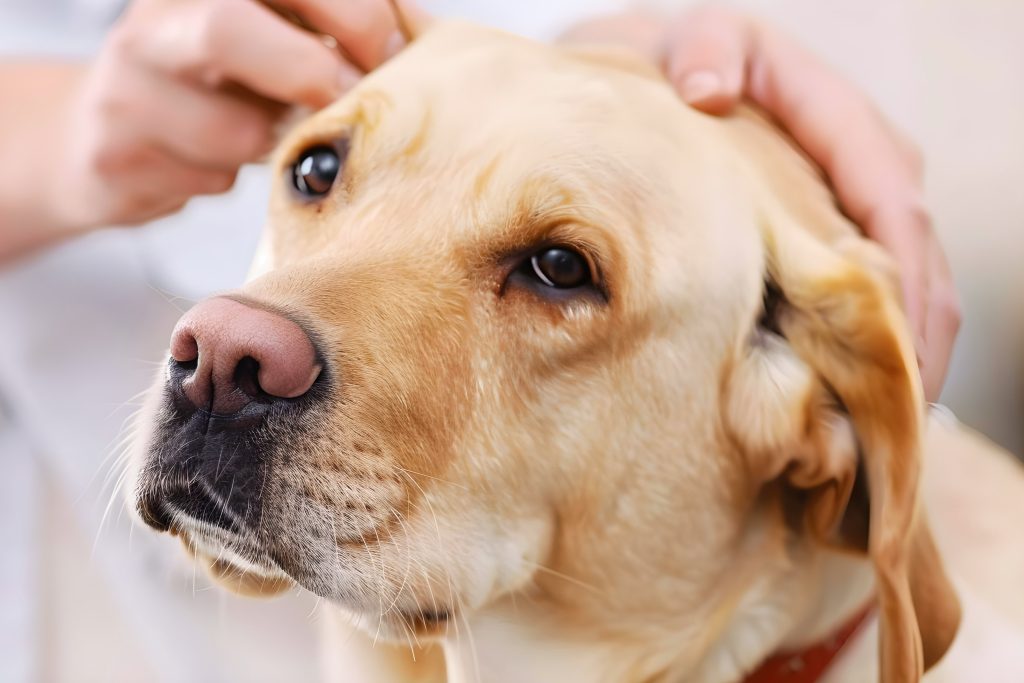 Close-up of a yellow Labrador Retriever having its ear gently cleaned by a person, with one hand holding the ear flap open while the other wipes the ear as part of a routine ear care check.