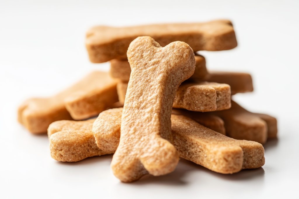Close-up of a stack of bone-shaped dog biscuits on a white background, with one biscuit standing upright in the foreground and the others softly blurred behind it.