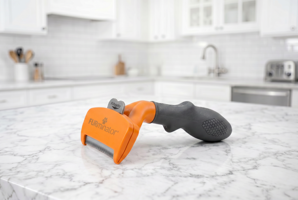 Orange FURminator deshedding tool with a black ergonomic handle resting on a white marble kitchen countertop, with a bright, blurred kitchen in the background.