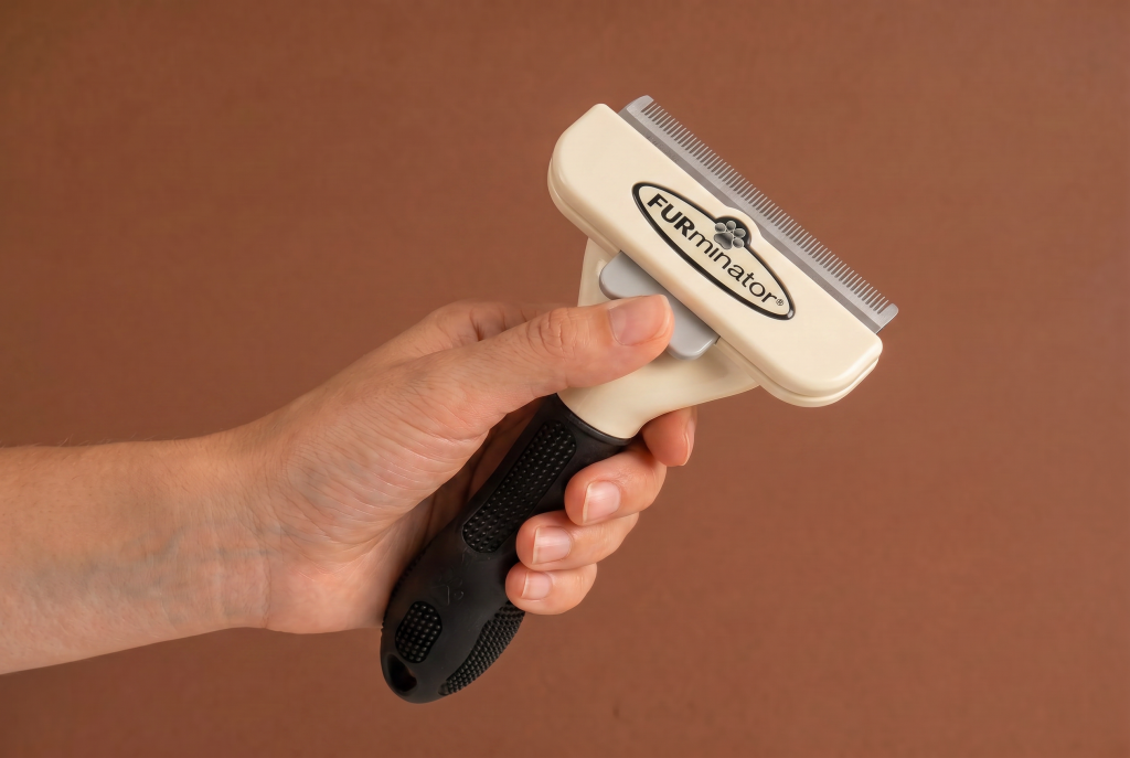 Hand holding a FURminator deshedding tool with a stainless steel edge, designed to safely remove loose undercoat and reduce shedding in dogs without cutting or damaging the topcoat.