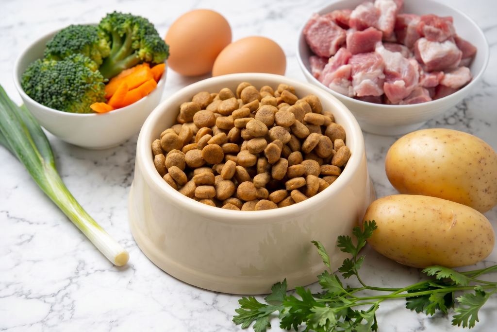 Dog food bowl filled with dry kibble surrounded by fresh ingredients including raw pork, eggs, broccoli, carrots, potatoes, spring onion, and parsley on a white marble countertop, illustrating a comparison between commercial dog food and whole-food ingredients.