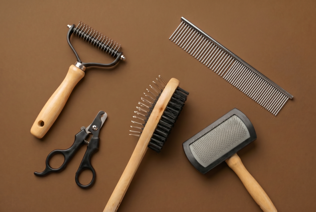 Dog grooming tools arranged on a brown background, including a de-shedding rake, metal grooming comb, slicker brush, dual-sided pin and bristle brush, and dog nail clippers with black handles.