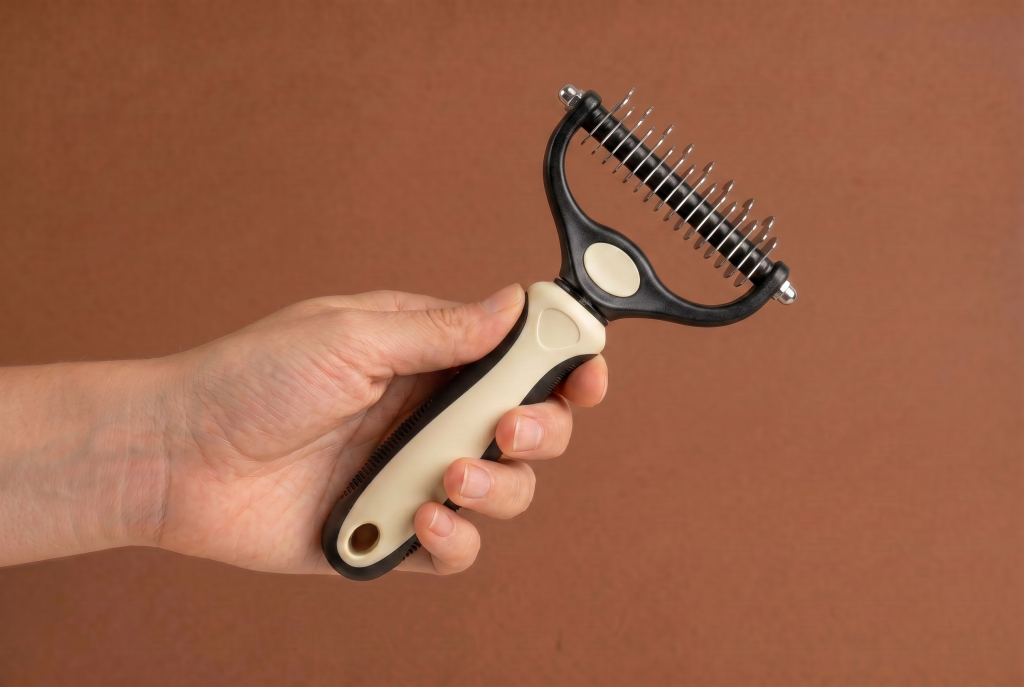 Hand holding an undercoat rake with rounded stainless steel teeth, designed to remove loose undercoat, reduce shedding, and detangle thick double-coated dog breeds without damaging the topcoat.