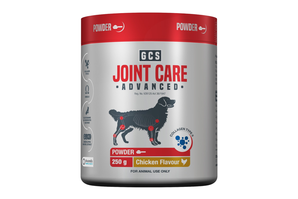 GCS Joint Care Advanced 250 g chicken-flavoured powder supplement for dogs, featuring a silver container with a red lid, a dog skeleton illustration highlighting major joints, and icons showing collagen type II, omega-3, glucosamine and chondroitin sulphate, and green-lipped mussel extract.