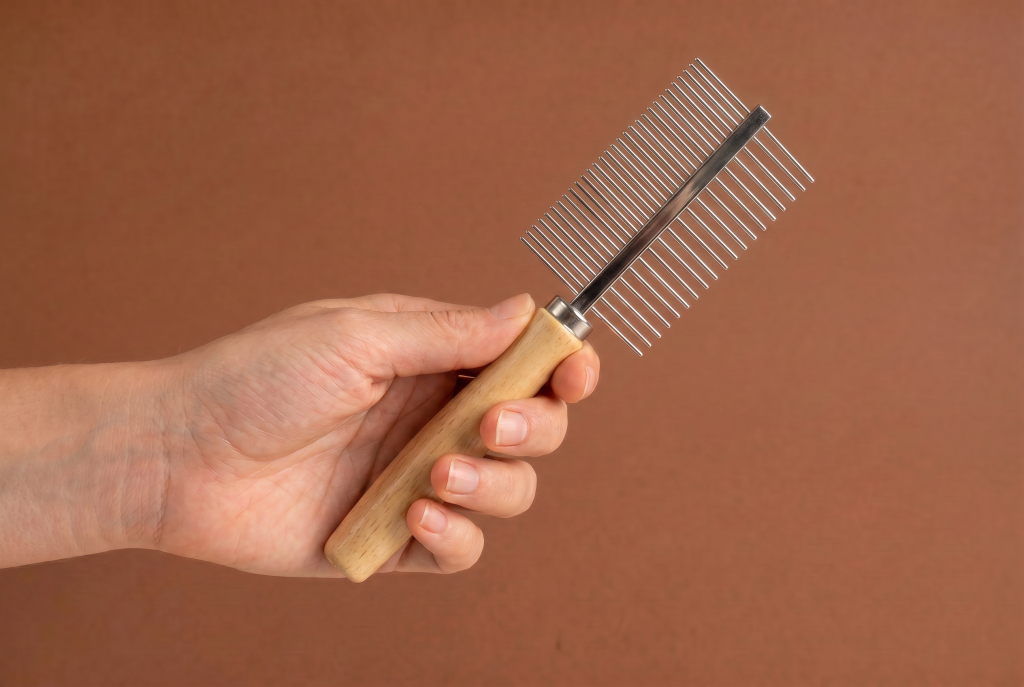 Hand holding a stainless steel dog grooming comb with a wooden handle, featuring both wide and fine teeth, against a plain brown background.