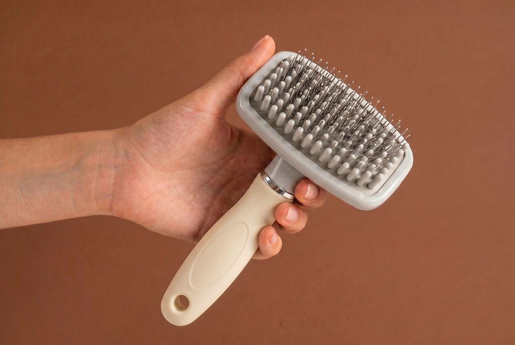 Hand holding a slicker brush with fine stainless steel pins and rounded tips, designed to remove loose hair, tangles, and mats from long-haired dog coats while gently grooming the fur.