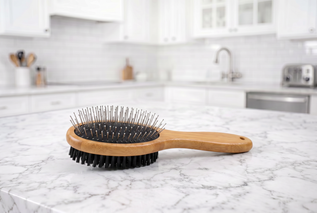 Wooden double-sided dog grooming pin brush with rounded metal pins and soft bristles resting on a white marble kitchen countertop, with a bright blurred kitchen background.