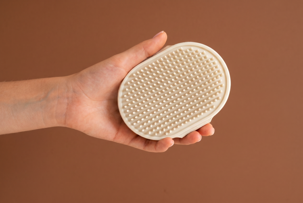 Hand holding a beige rubber grooming brush with soft silicone bristles, designed to remove loose hair, massage the skin, and groom short-haired dogs.