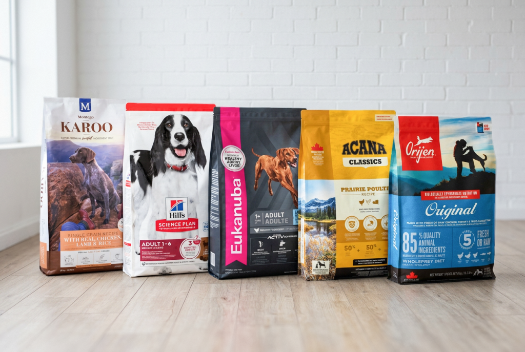 Five bags of dry dog food arranged side by side on a light wooden floor against a white brick wall. The brands shown are Montego Karoo, Hill’s Science Plan, Eukanuba, Acana Classics, and Orijen Original, illustrating a comparison of popular premium dog food options.