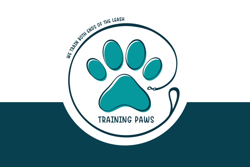 Training Paws logo featuring a teal paw print enclosed within a dog lead forming a circular shape. Above the paw print is the slogan, "We train both ends of the leash", with the business name "Training Paws" displayed below. The logo is set on a white and dark teal background.