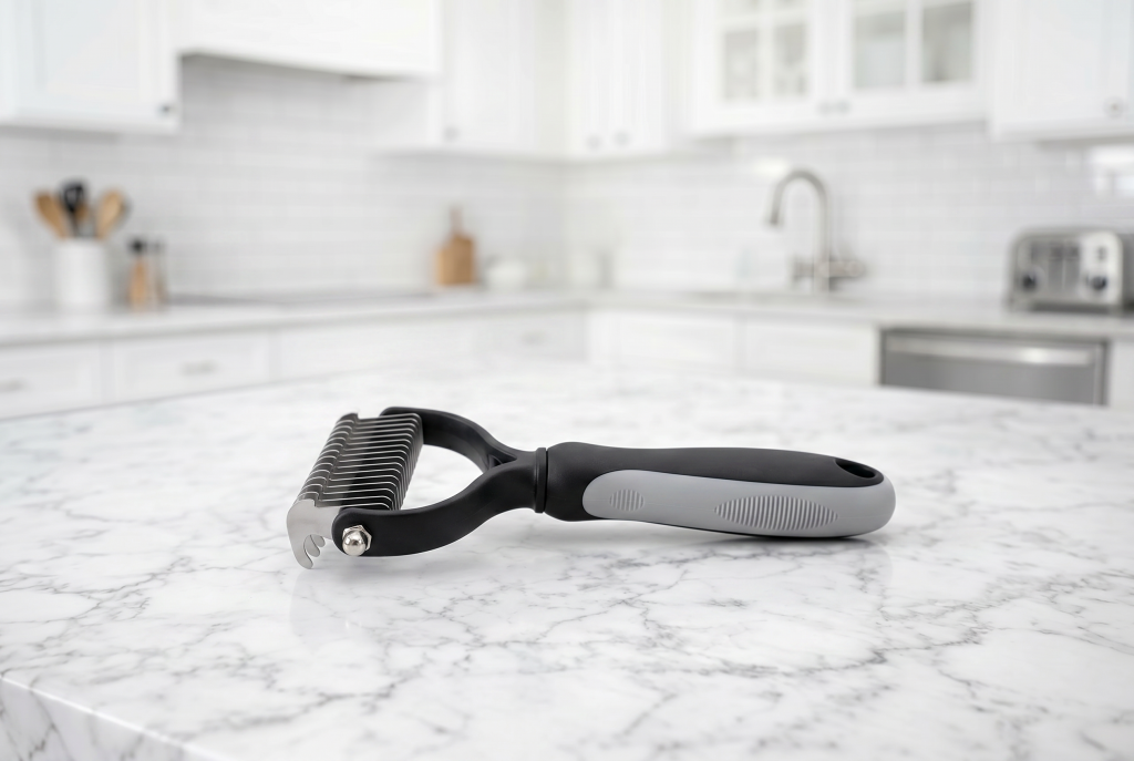 Undercoat rake for dogs with a black and grey ergonomic handle and stainless steel rounded teeth, placed on a white marble kitchen countertop with a bright, blurred kitchen background.