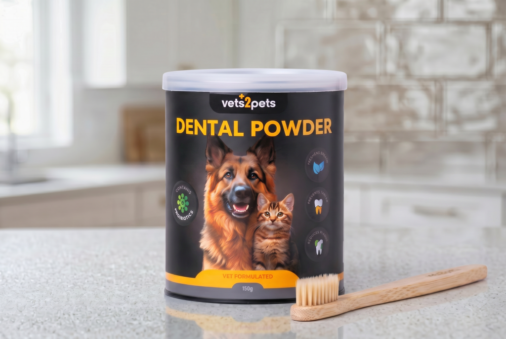 Vets2Pets Dental Powder (150 g) container on a kitchen countertop with a bamboo toothbrush in the foreground. The pet dental supplement supports oral health by helping reduce plaque, prevent tartar build-up, and freshen breath for dogs and cats.