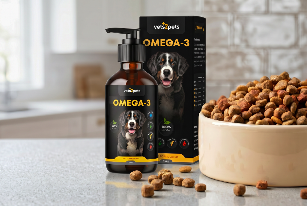 Vets2Pets Omega-3 Fish Oil bottle and matching product box displayed on a bright kitchen countertop beside a cream ceramic dog bowl filled with dry kibble. A few pieces of kibble are scattered on the counter, while the softly blurred kitchen background keeps the focus on the amber pump bottle, black packaging with a Bernese Mountain Dog, and bold yellow Omega-3 branding.