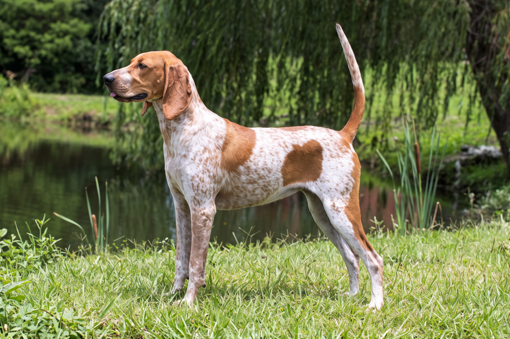 American English Coonhound standing on grass beside a pond, with brown-and-white speckled markings, long floppy ears and a raised tail.