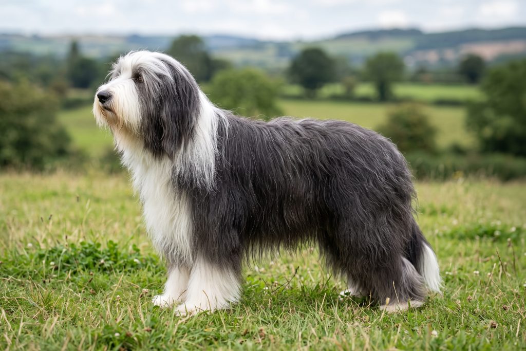 A Bearded Collie standing in a grassy field, with a long shaggy grey-and-white coat and a green countryside landscape in the background.