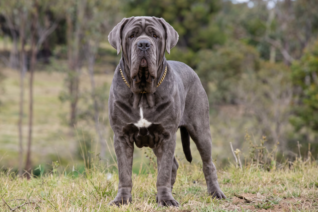 A Neapolitan Mastiff with a grey coat and deeply wrinkled face standing in a grassy outdoor setting, facing the camera. The large, muscular dog has drooping ears, prominent jowls, and a white patch on its chest. Trees and natural vegetation are softly blurred in the background.