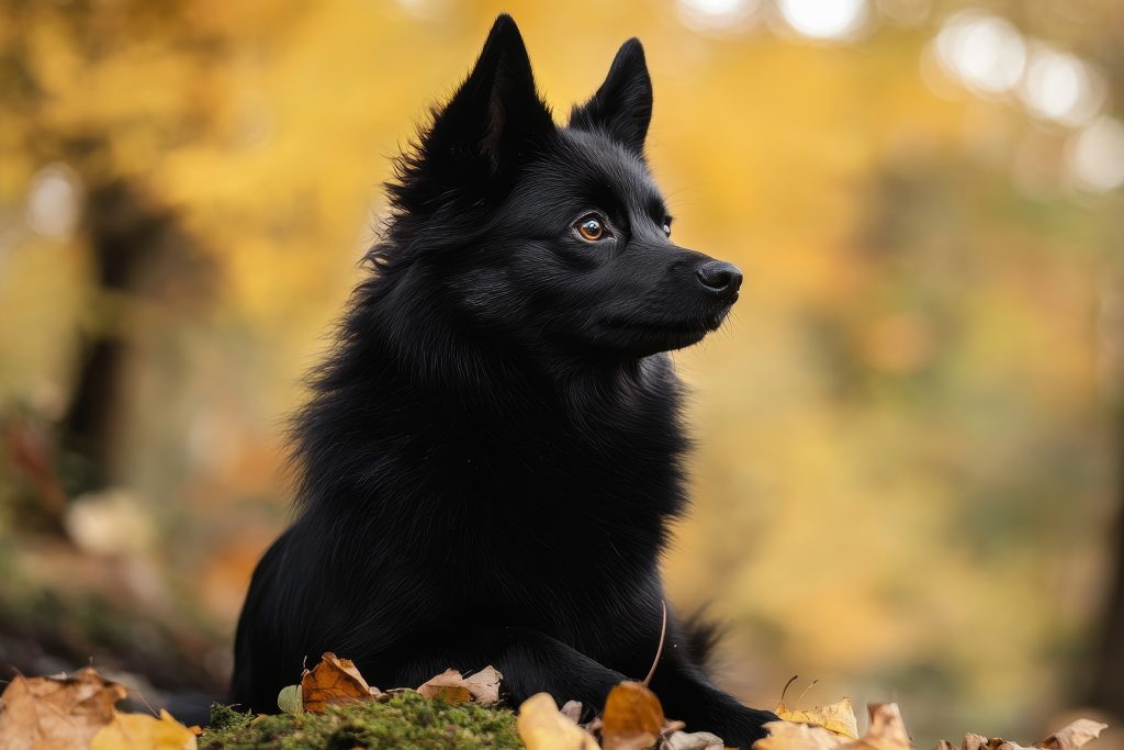 A black Schipperke sitting outdoors on moss and fallen leaves, looking to the right against a softly blurred autumn background.