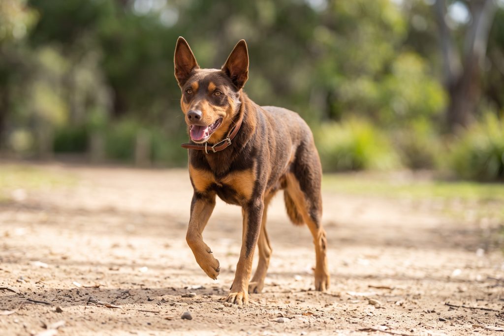Australian Kelpie standing outdoors on a dirt path, with one front paw raised mid-step. The brown-and-tan dog has upright ears, a short coat and a brown collar, with a softly blurred green woodland background.