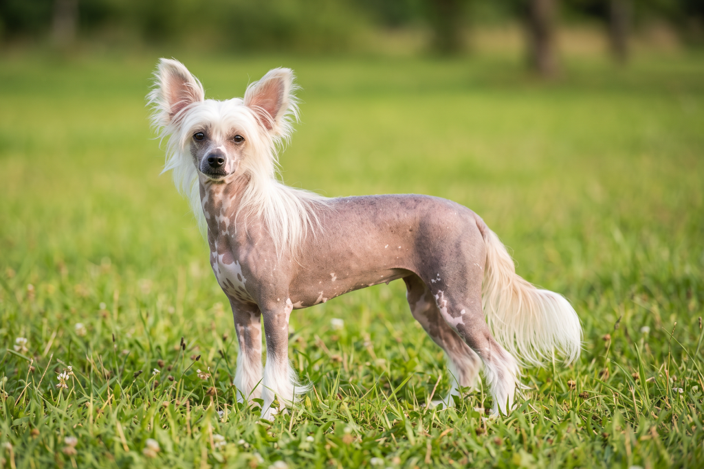 A hairless Chinese Crested dog with white feathered hair on its head, ears, legs and tail stands in a grassy field, facing the camera. Its pinkish-brown skin has distinctive white markings, while the background is softly blurred green grass and trees.